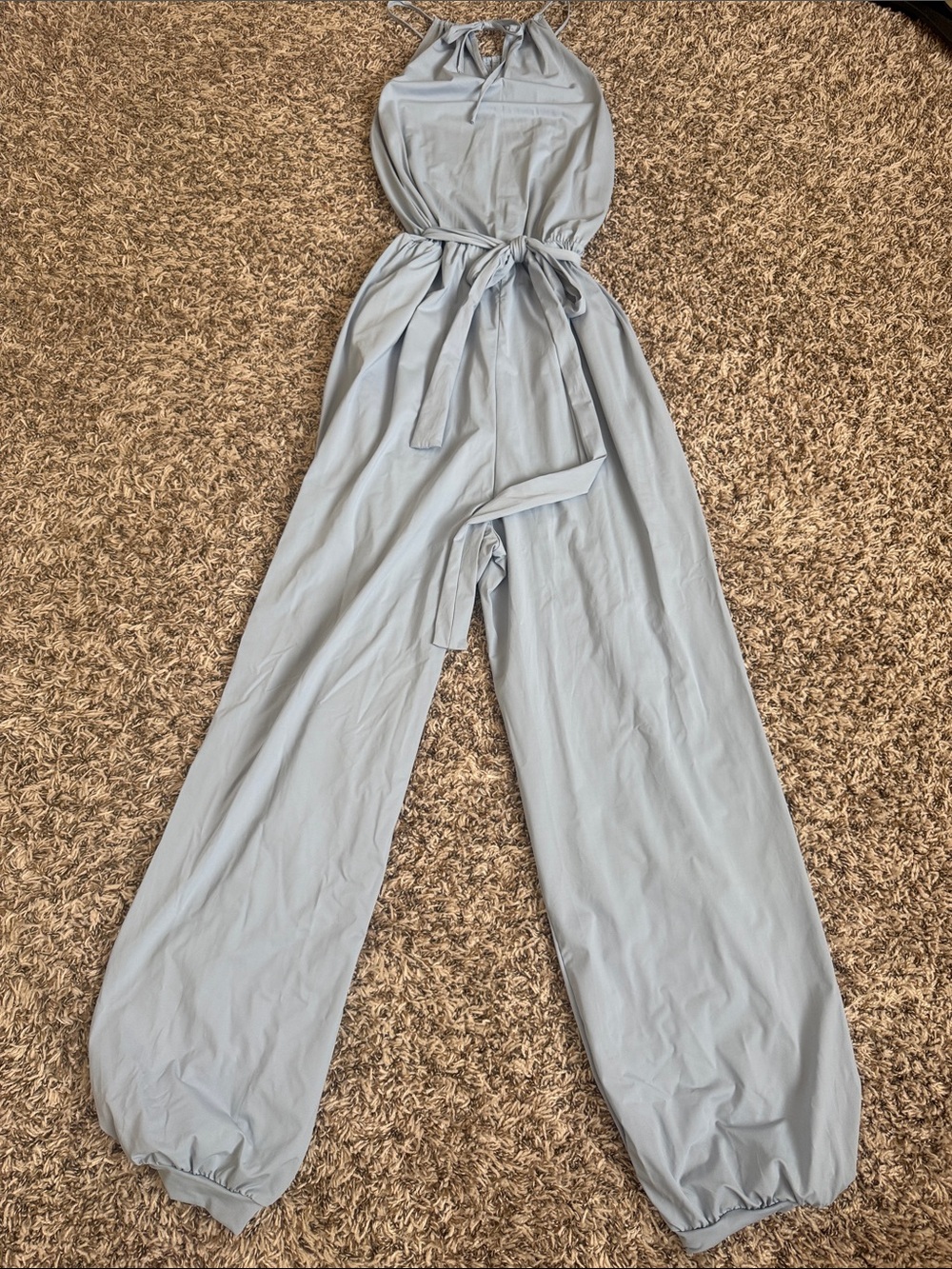 NWOT Halara Light Blue Halter Wide Leg Jumpsuit Size L